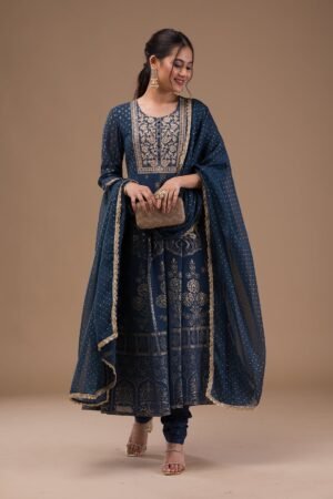 Peacock Blue Printed Crepe Readymade Salwar Suit