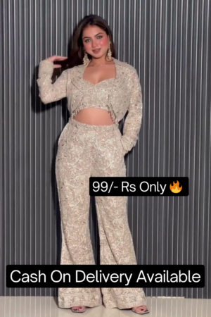 Embroidered Pure Silk Crop Top & Bell Bottom Trouser