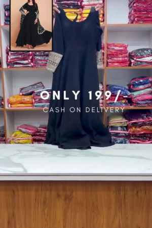 Plan Black Anarkali Long Churidar Embraided Sleeve Kurta With Dupatta Set