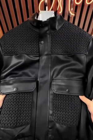 Men's Contrast Texture Bomber Jacket with Quilted Yoke (Black)