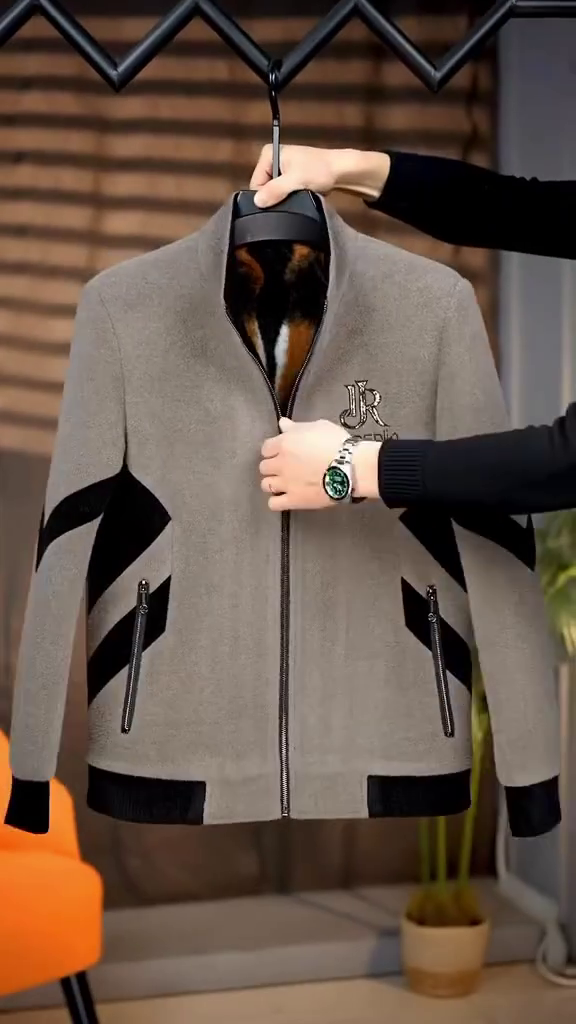 Men's Contrast Panel Racer Jacket (Grey & Black) with Embroidered Logo - Image 2