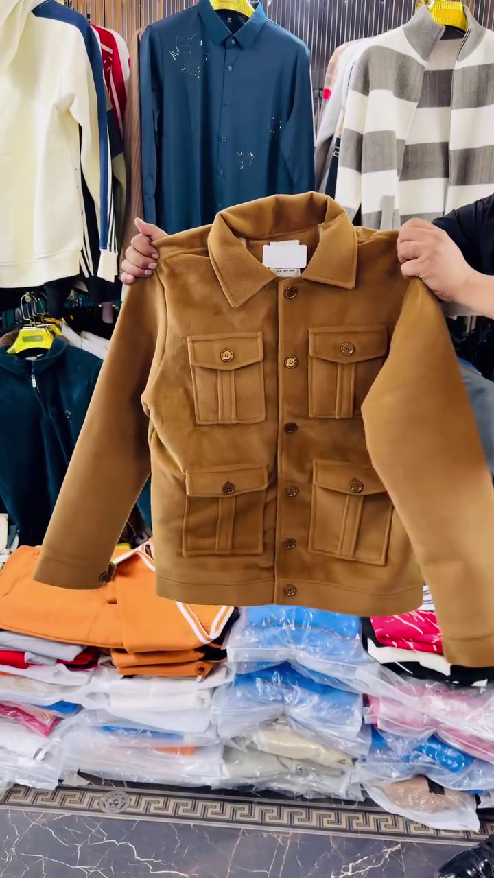 Men's Premium Suede-Look Four-Pocket Utility Jacket (Camel/Brown)