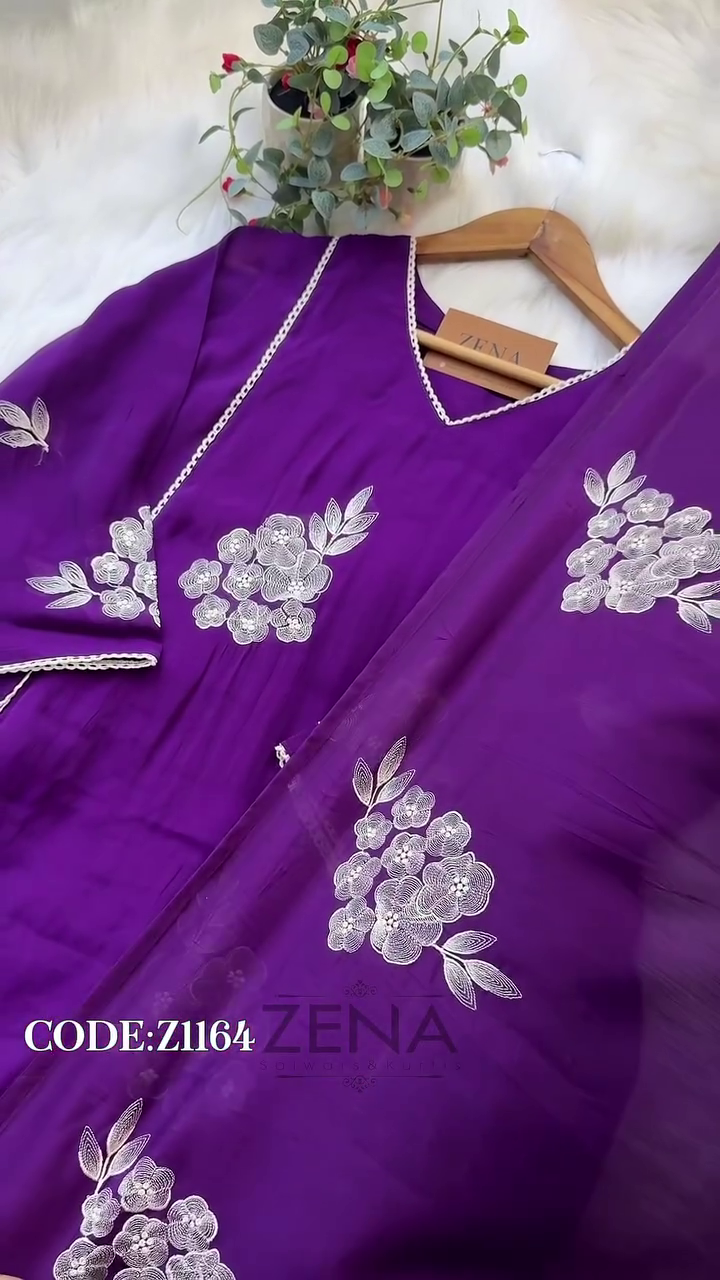 Party Wear Handwork A-Line Set – Top, Bottom & Dupatta