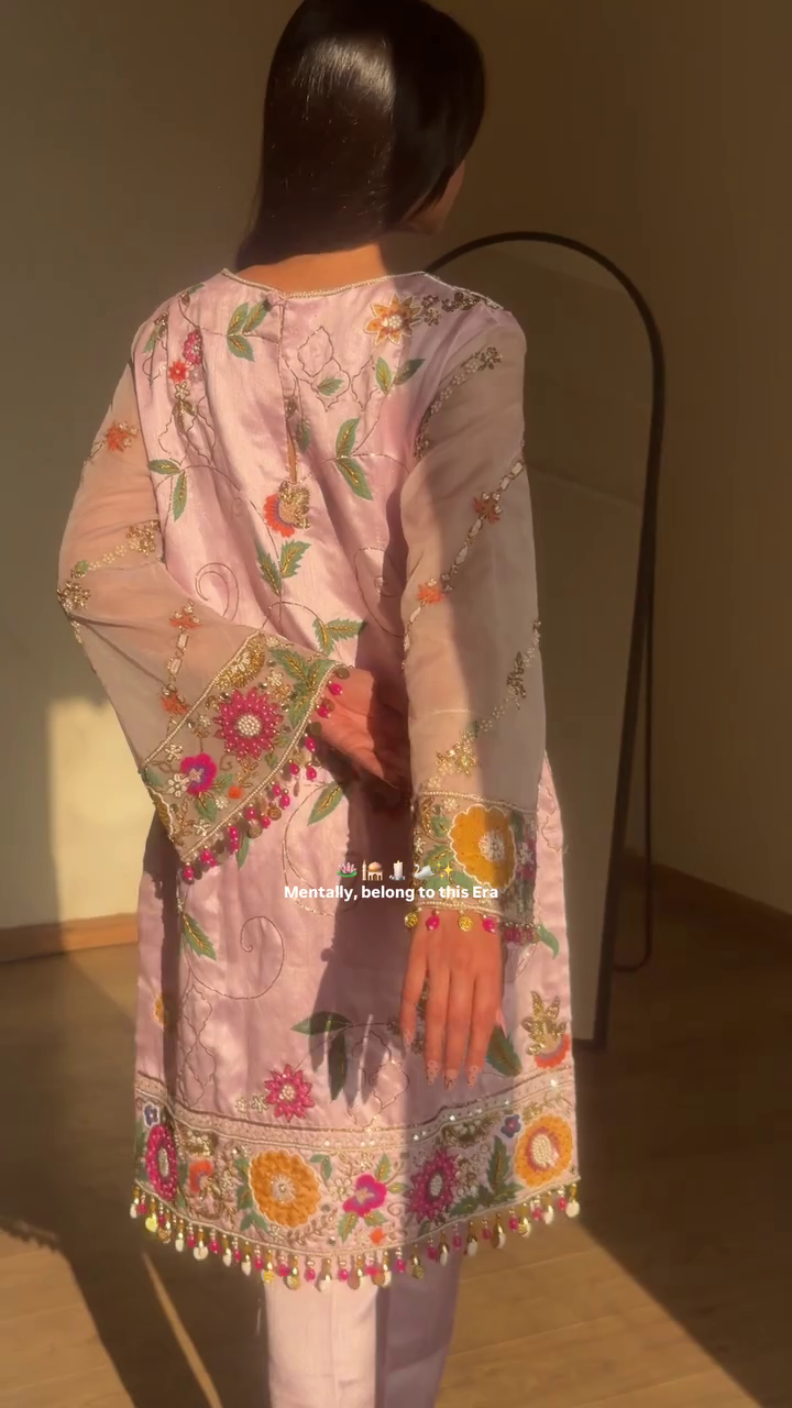 Floral Embroidered V-Neck Mirror Work Straight Kurta With Palazzos & Dupatta - Image 15