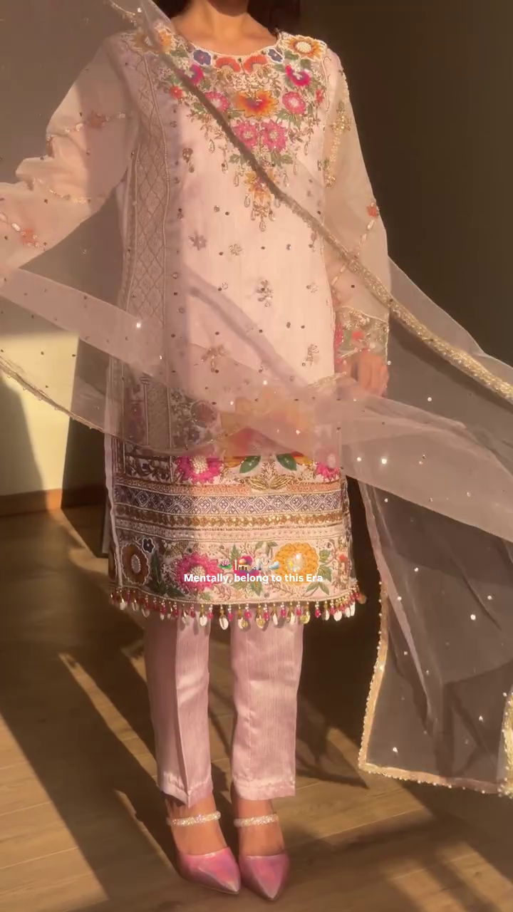 Floral Embroidered V-Neck Mirror Work Straight Kurta With Palazzos & Dupatta - Image 14