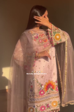 Floral Embroidered V-Neck Mirror Work Straight Kurta With Palazzos & Dupatta