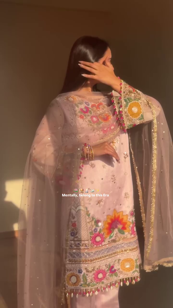 Floral Embroidered V-Neck Mirror Work Straight Kurta With Palazzos & Dupatta