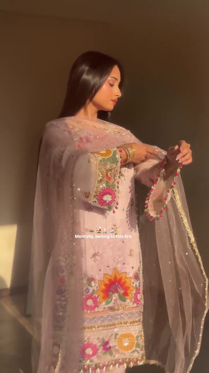 Floral Embroidered V-Neck Mirror Work Straight Kurta With Palazzos & Dupatta - Image 10