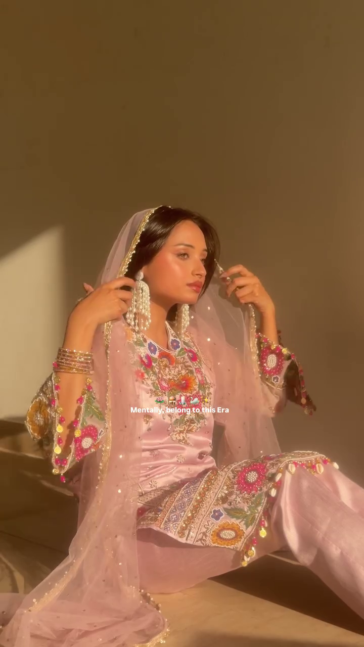 Floral Embroidered V-Neck Mirror Work Straight Kurta With Palazzos & Dupatta - Image 9