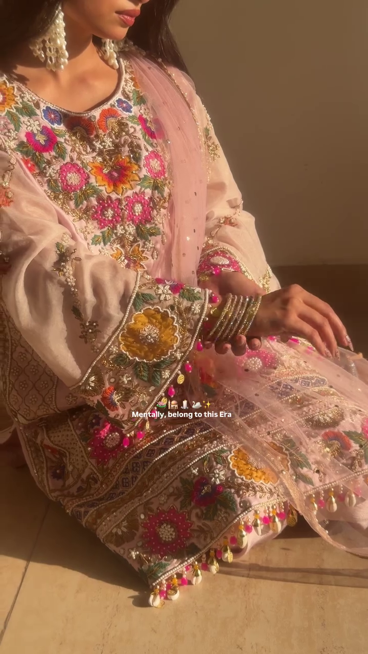 Floral Embroidered V-Neck Mirror Work Straight Kurta With Palazzos & Dupatta - Image 8