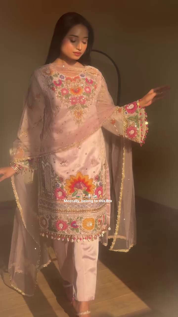 Floral Embroidered V-Neck Mirror Work Straight Kurta With Palazzos & Dupatta - Image 5