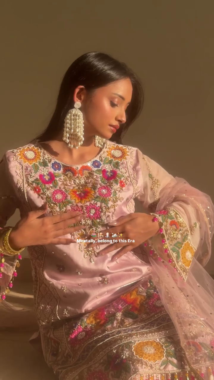 Floral Embroidered V-Neck Mirror Work Straight Kurta With Palazzos & Dupatta - Image 2
