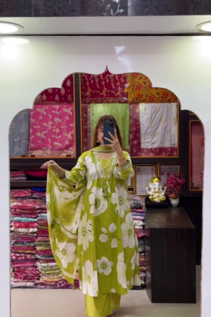 Floral Printed Pleated Kantha Work Pure Cotton A-Line Kurta With Trouser