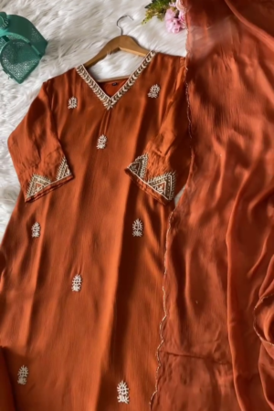 Orange Chanderi Thread Embroidery Airline Kurtha