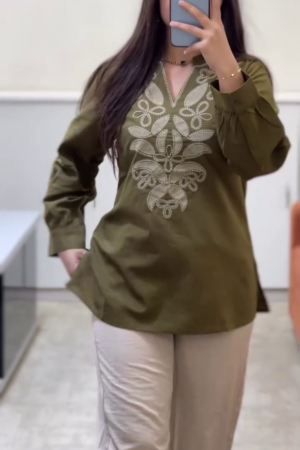 Olive Cotton Kurti With Floral Embroidery