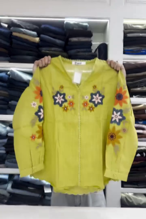 PARROT GREEN MUL COTTON EMBROIDERY SHIRT WITH BELL BOTTOM TROUSER PANT SET