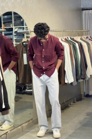 Men Solid Button-Down Collar Pure Cotton Wine Casual Shirt