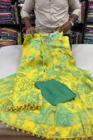 Floral Printed Organza Empire Anarkali Kurta with Trousers & With Dupatta