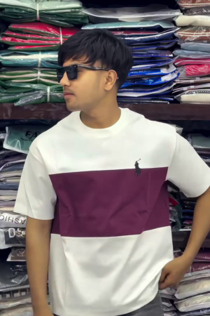 Men Sky Blue & White Colourblocked Oversized T-Shirt