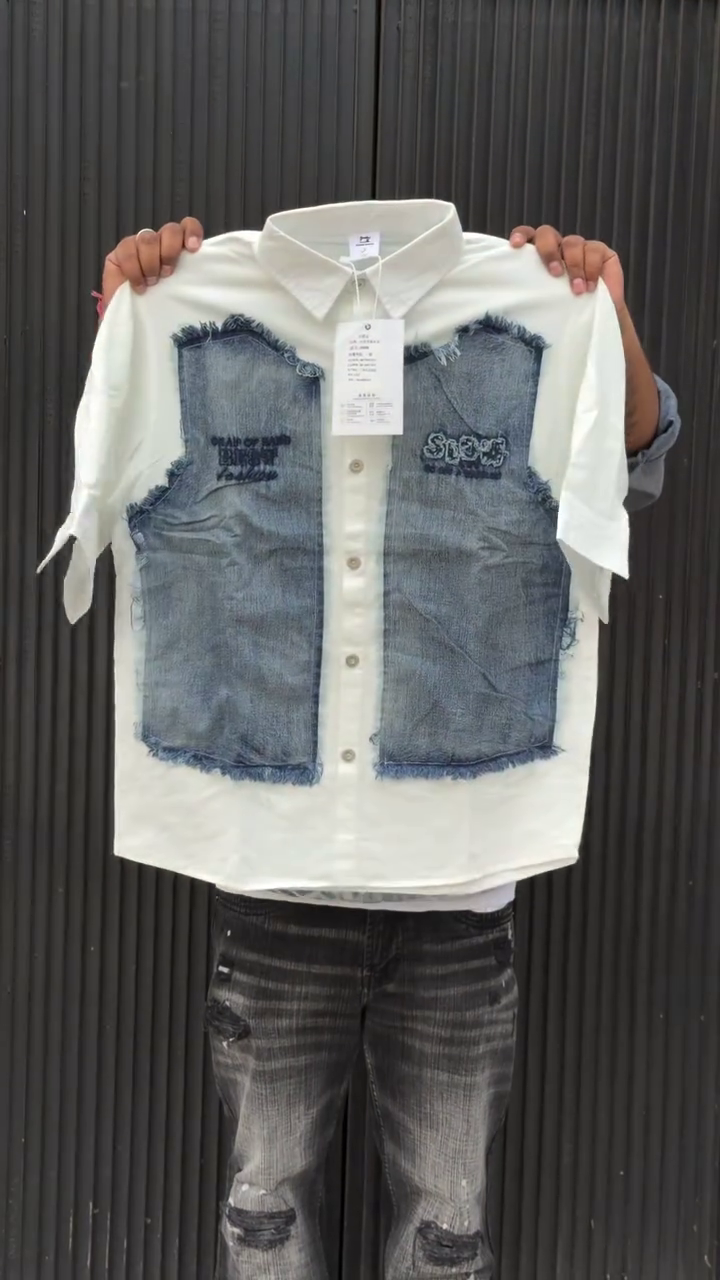Colourblocked Drop-Shoulder Sleeves Relaxed Fit Denim Casual Shirt - Image 3