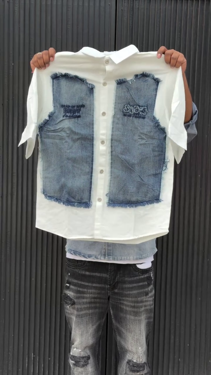 Colourblocked Drop-Shoulder Sleeves Relaxed Fit Denim Casual Shirt - Image 5