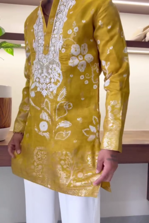 Men Woven Design Festive Silk Straight Kurta