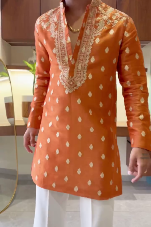 Ethnic Motifs Embroidered Mandarin Collar Straight Kurta & Pyjama